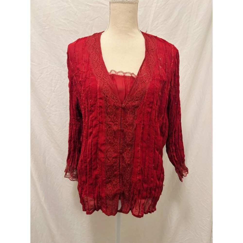 Notation Red Lace Trimmed Embellished Sheer‎ Cardigan Top Women's Size L